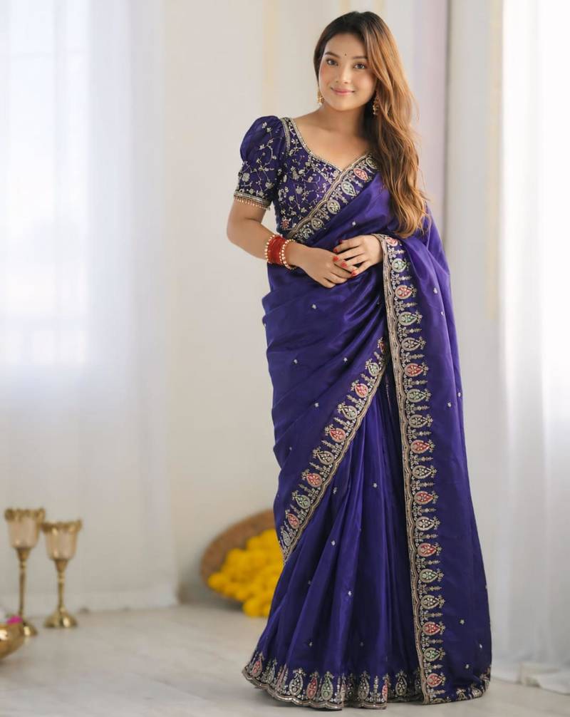 royal blue silk blend embroidered saree with sequins work