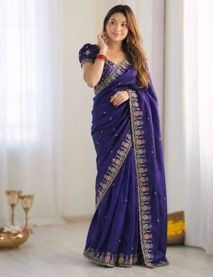 royal blue silk blend embroidered saree with sequins work 2