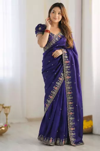 royal blue silk blend embroidered saree with sequins work