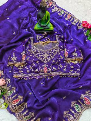 royal blue silk blend embroidered saree with sequins work 3