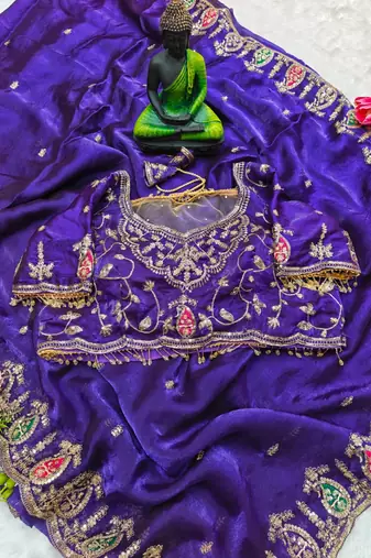 royal blue silk blend embroidered saree with sequins work