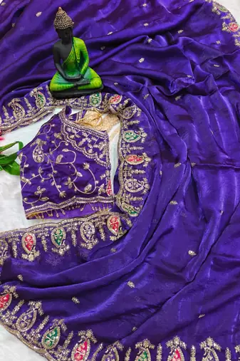 royal blue silk blend embroidered saree with sequins work