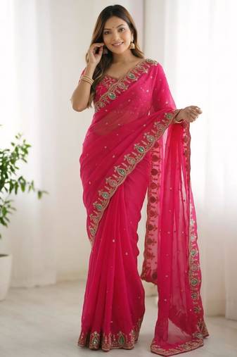 pink silk blend embroidered saree with sequins work