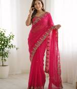 pink silk blend embroidered saree with sequins work