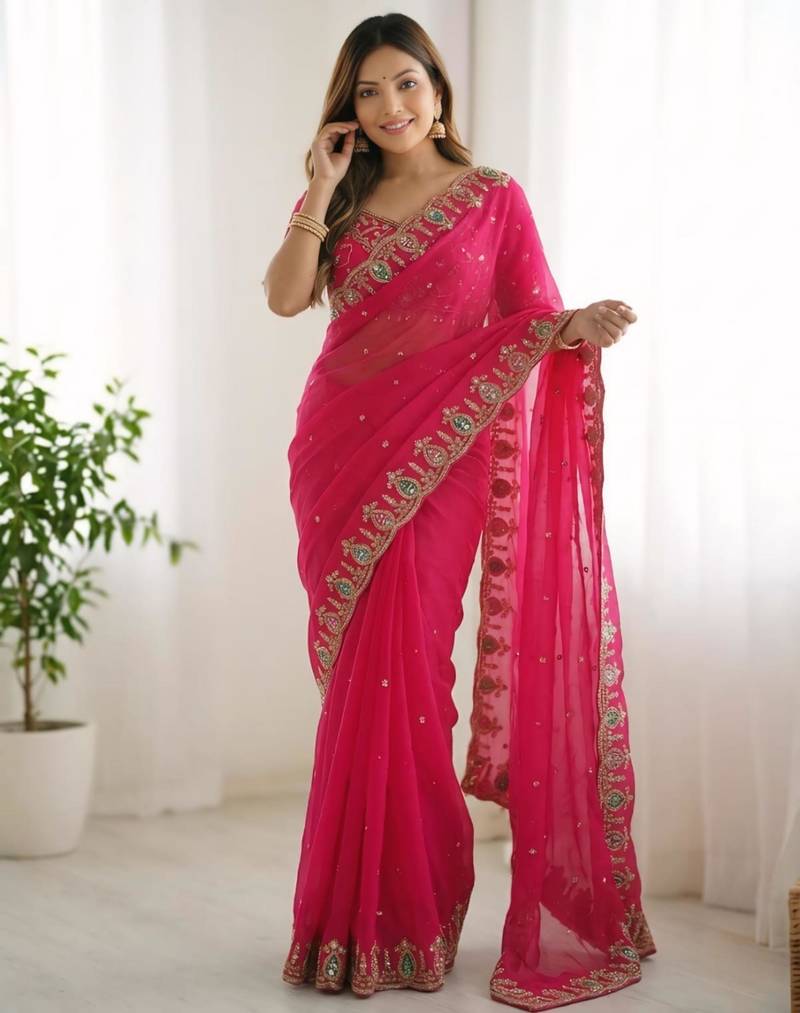 pink silk blend embroidered saree with sequins work