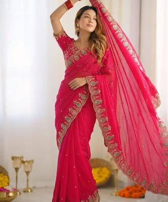 pink silk blend embroidered saree with sequins work 2