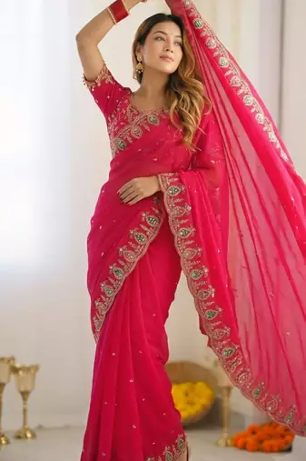 pink silk blend embroidered saree with sequins work