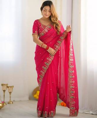 pink silk blend embroidered saree with sequins work 3