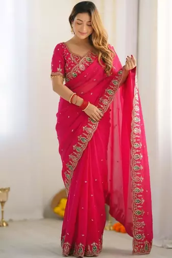 pink silk blend embroidered saree with sequins work