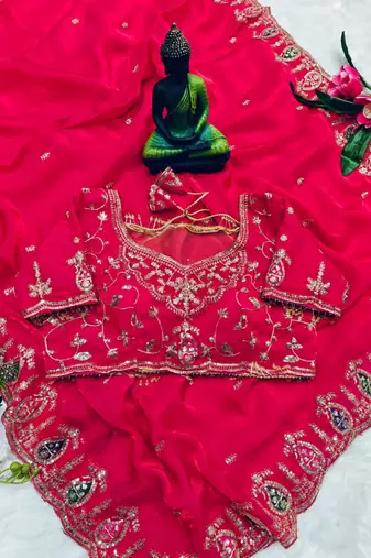 pink silk blend embroidered saree with sequins work