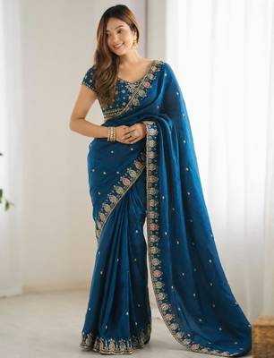 teal silk blend embroidered saree with sequins work 1