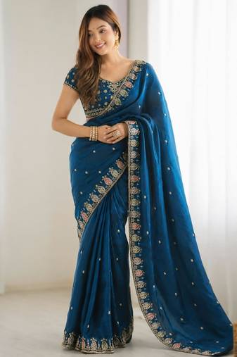 teal silk blend embroidered saree with sequins work