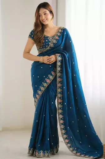 teal silk blend embroidered saree with sequins work