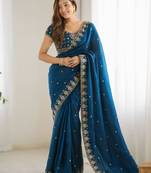 teal silk blend embroidered saree with sequins work