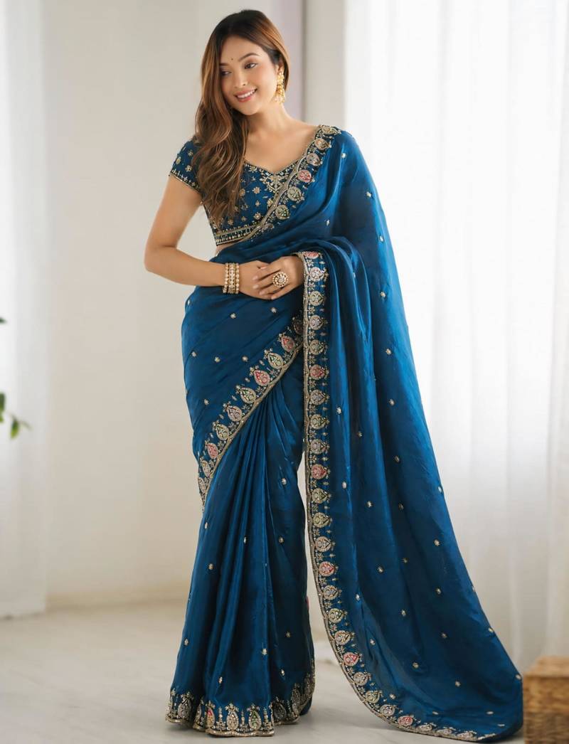 teal silk blend embroidered saree with sequins work