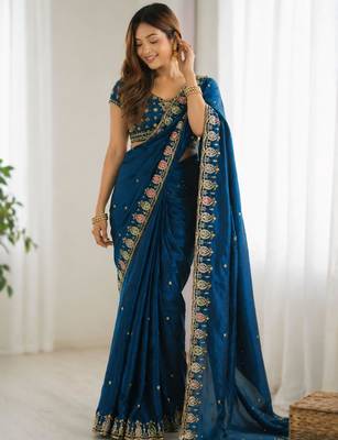 teal silk blend embroidered saree with sequins work 2