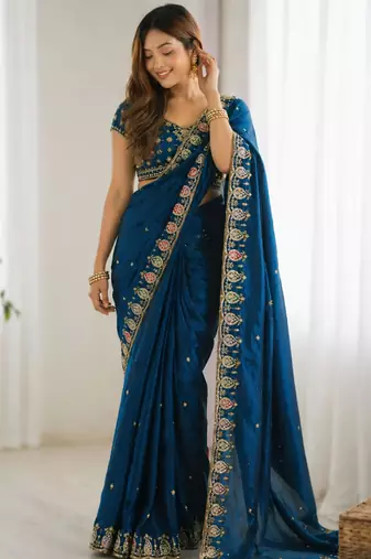 teal silk blend embroidered saree with sequins work