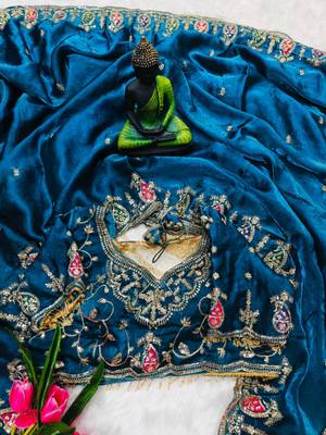 teal silk blend embroidered saree with sequins work 3