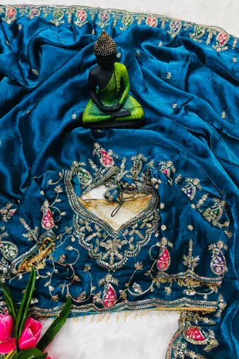 teal silk blend embroidered saree with sequins work