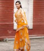 Yellow net embroidered saree with sequins work