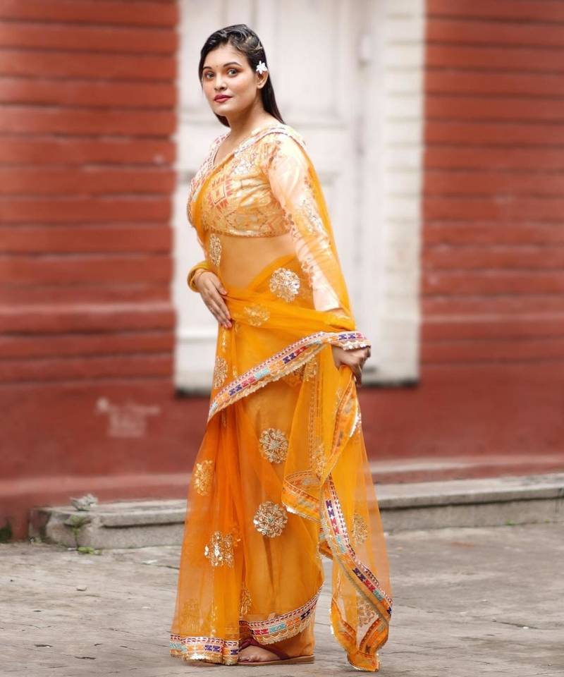 Yellow net embroidered saree with sequins work
