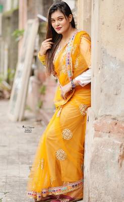 Yellow net embroidered saree with sequins work 2