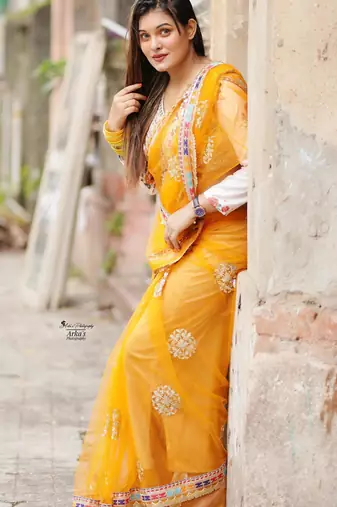 Yellow net embroidered saree with sequins work