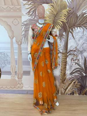 Yellow net embroidered saree with sequins work 3