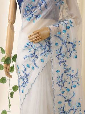 white silk blend saree with floral print 2
