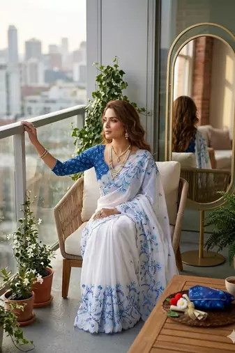 white silk blend saree with floral print