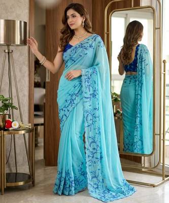 sky blue silk blend saree with floral print 1