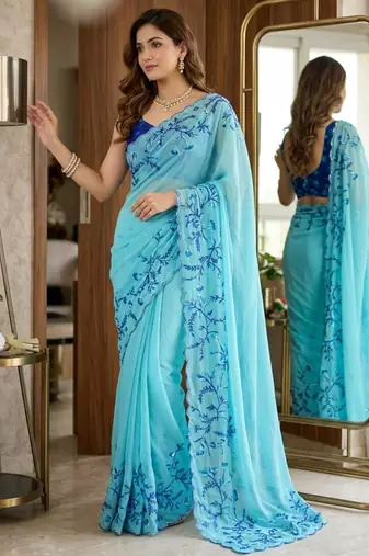 sky blue silk blend saree with floral print