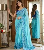 sky blue silk blend saree with floral print