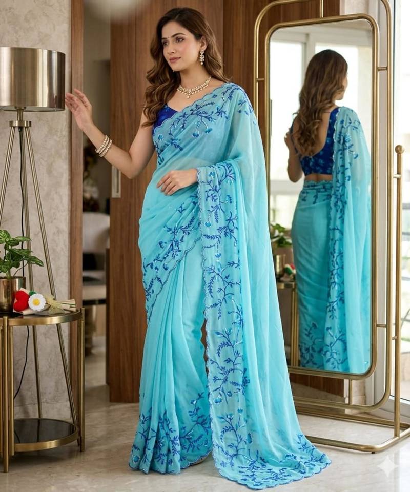 sky blue silk blend saree with floral print