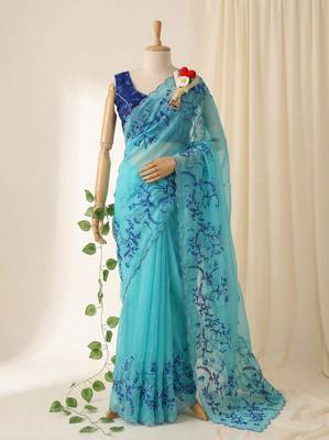 sky blue silk blend saree with floral print 2