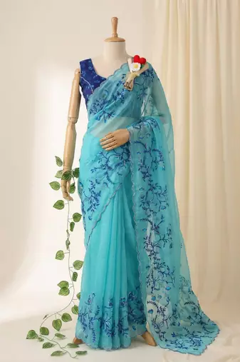 sky blue silk blend saree with floral print