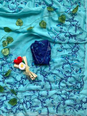 sky blue silk blend saree with floral print 3