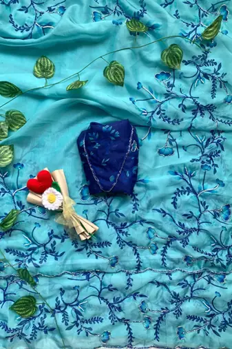 sky blue silk blend saree with floral print
