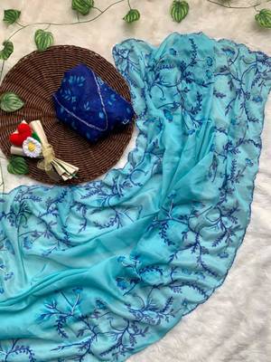 sky blue silk blend saree with floral print 4