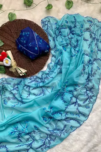 sky blue silk blend saree with floral print