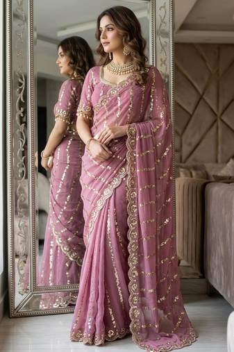 onion pink silk blend embroidered saree with sequins work
