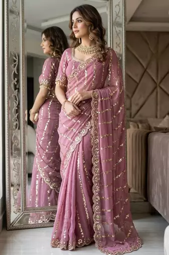 onion pink silk blend embroidered saree with sequins work
