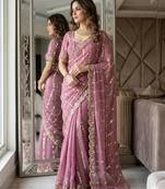 onion pink silk blend embroidered saree with sequins work