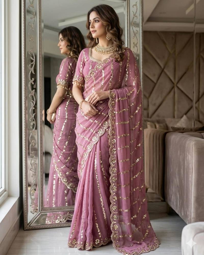 onion pink silk blend embroidered saree with sequins work
