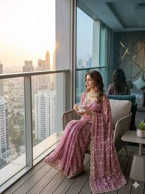 onion pink silk blend embroidered saree with sequins work 2