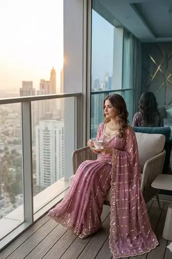 onion pink silk blend embroidered saree with sequins work