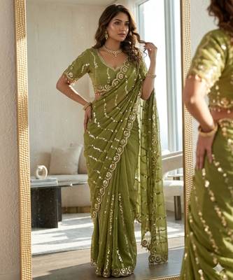 parrot green silk blend embroidered saree with sequins work 1