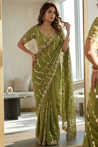 parrot green silk blend embroidered saree with sequins work