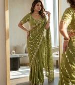 parrot green silk blend embroidered saree with sequins work