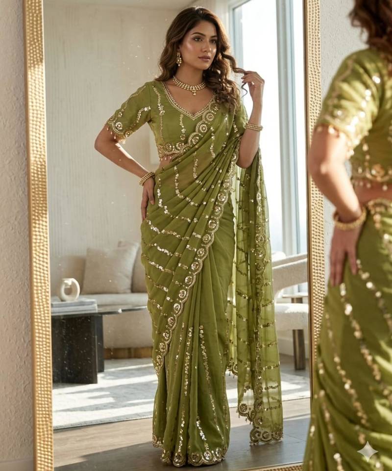 parrot green silk blend embroidered saree with sequins work